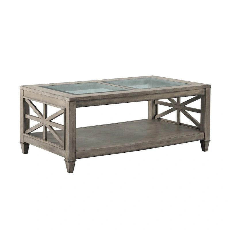 Antique Gray Rectangle Glass Top Coffee Table with Lower Shelf