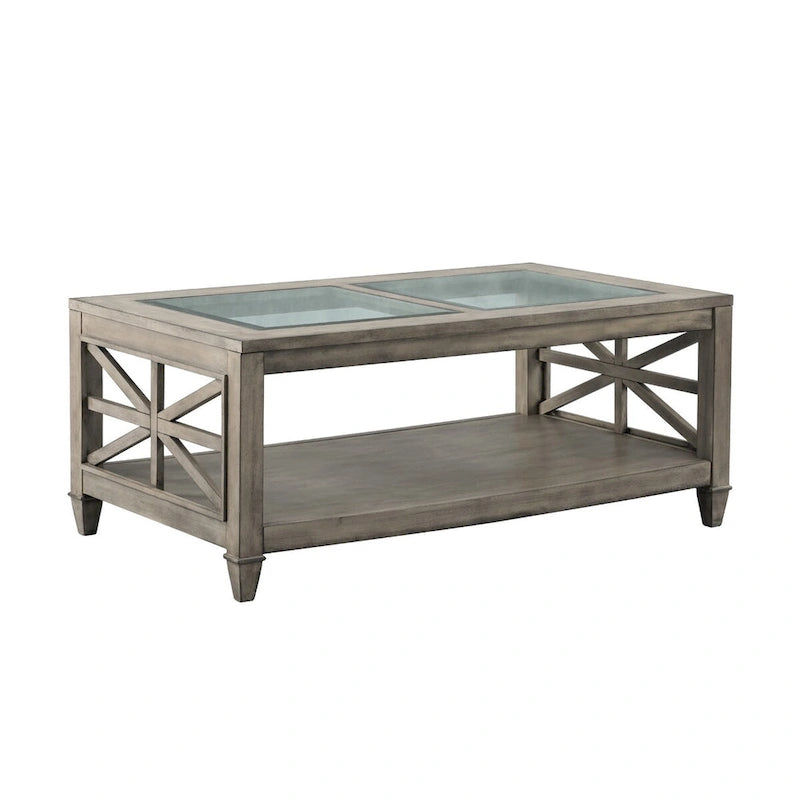 Antique Gray Rectangle Glass Top Coffee Table with Lower Shelf