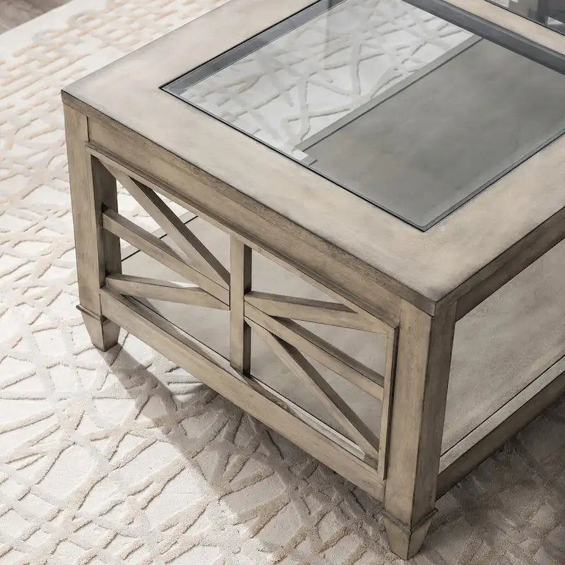 Antique Gray Rectangle Glass Top Coffee Table with Lower Shelf