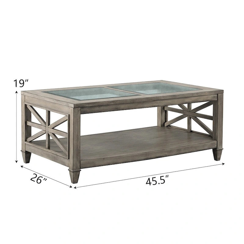 Antique Gray Rectangle Glass Top Coffee Table with Lower Shelf