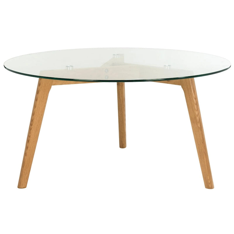 Mid-Century Round Clear Glass Top Coffee Table with Wood Legs