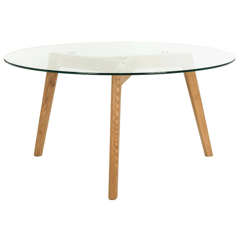 Mid-Century Round Clear Glass Top Coffee Table with Wood Legs