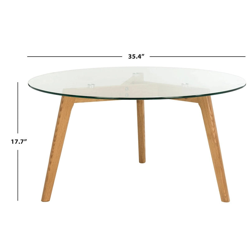 Mid-Century Round Clear Glass Top Coffee Table with Wood Legs