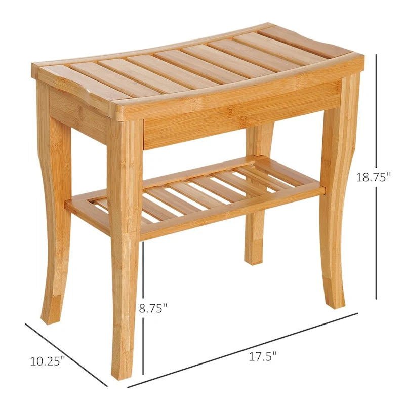 Natural Bamboo Shower Bench Stool with Storage Shelf Natural Wood