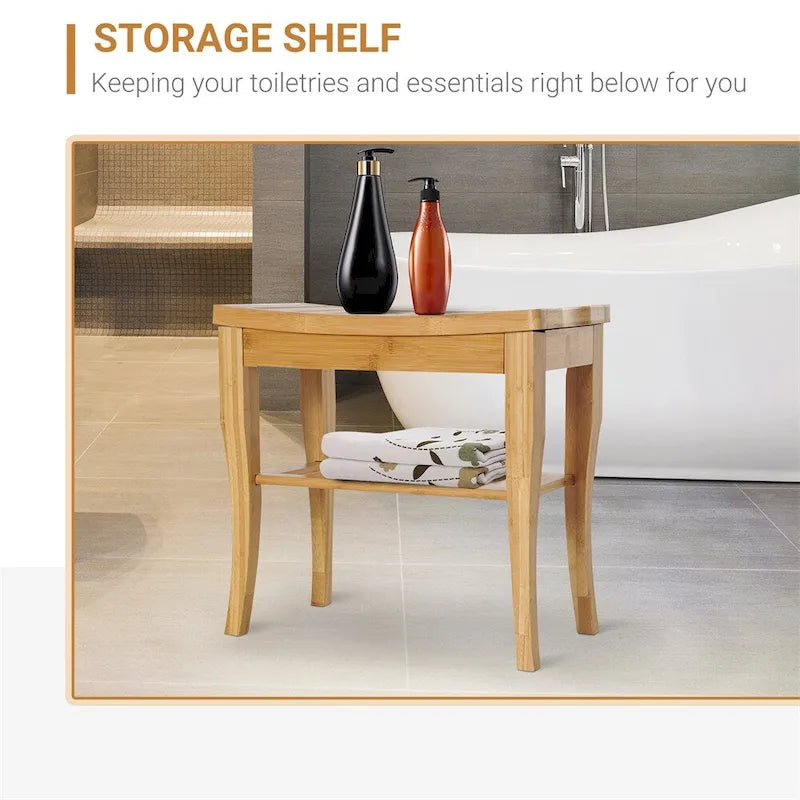 Natural Bamboo Shower Bench Stool with Storage Shelf Natural Wood