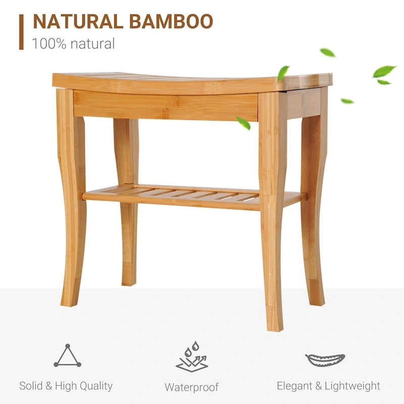 Natural Bamboo Shower Bench Stool with Storage Shelf Natural Wood
