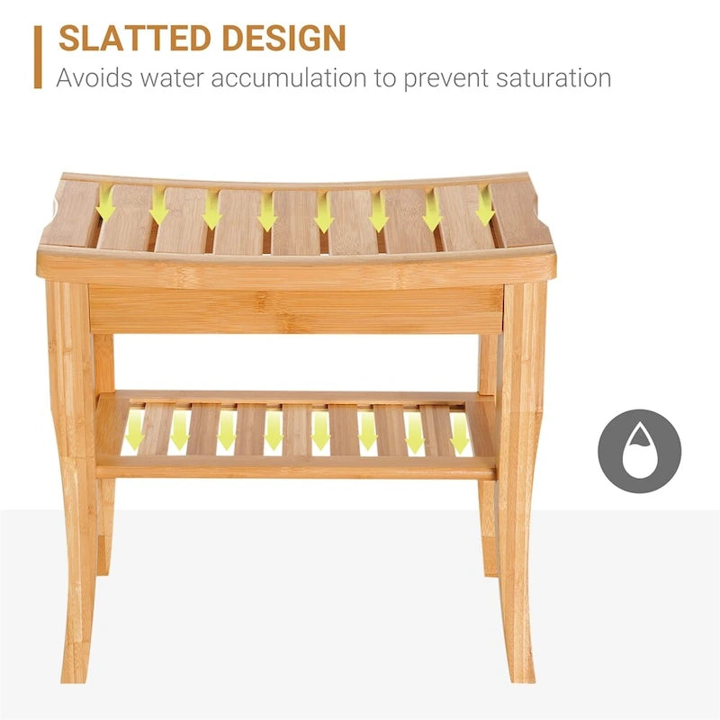 Natural Bamboo Shower Bench Stool with Storage Shelf Natural Wood