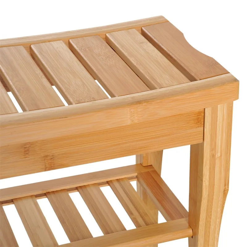 Natural Bamboo Shower Bench Stool with Storage Shelf Natural Wood