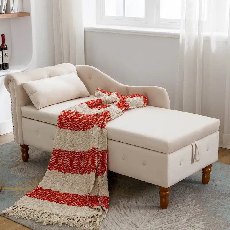Velvet Upholstered Rolled Arm Chaise Lounge with Storage and Pillow
