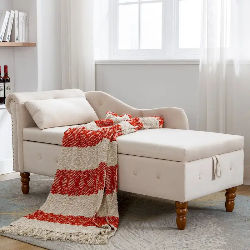 Velvet Upholstered Rolled Arm Chaise Lounge with Storage and Pillow