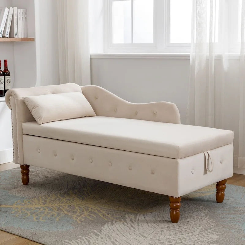 Velvet Upholstered Rolled Arm Chaise Lounge with Storage and Pillow