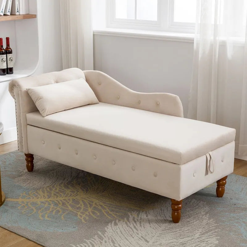 Velvet Upholstered Rolled Arm Chaise Lounge with Storage and Pillow
