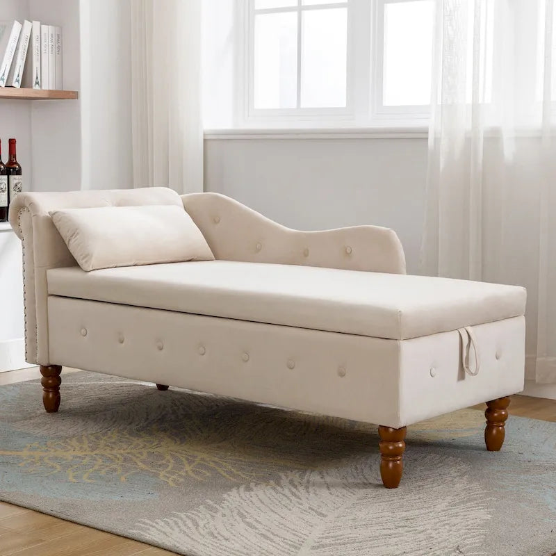 Velvet Upholstered Rolled Arm Chaise Lounge with Storage and Pillow