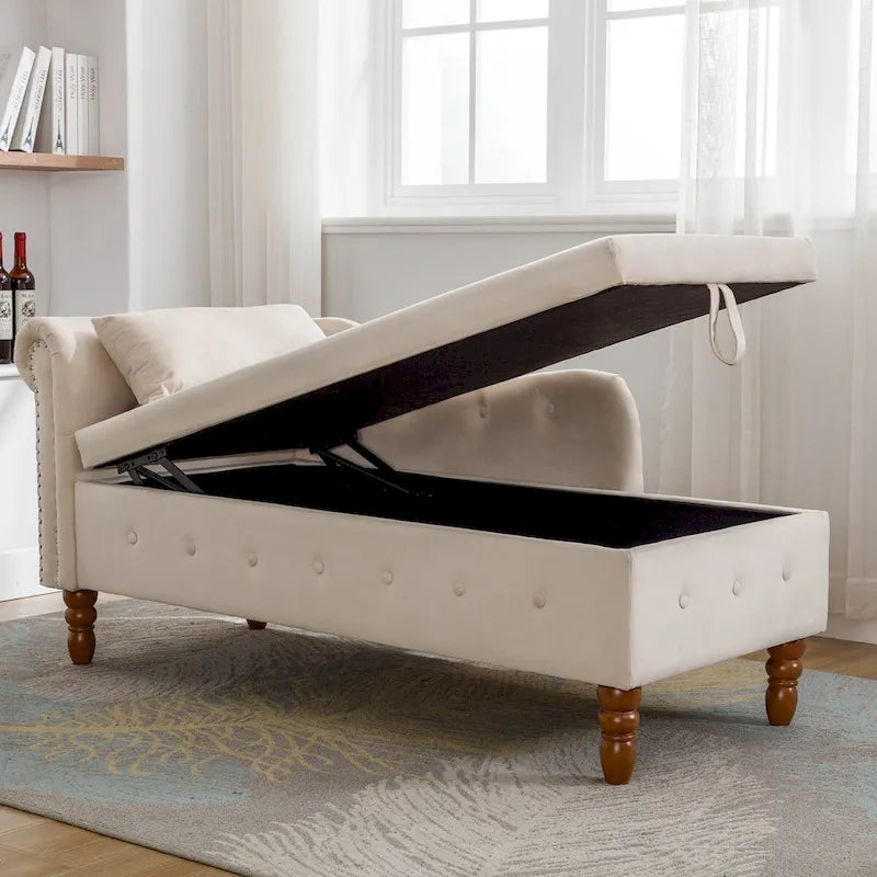Velvet Upholstered Rolled Arm Chaise Lounge with Storage and Pillow