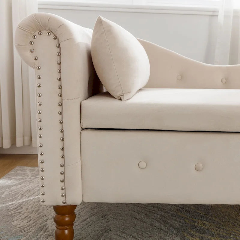 Velvet Upholstered Rolled Arm Chaise Lounge with Storage and Pillow