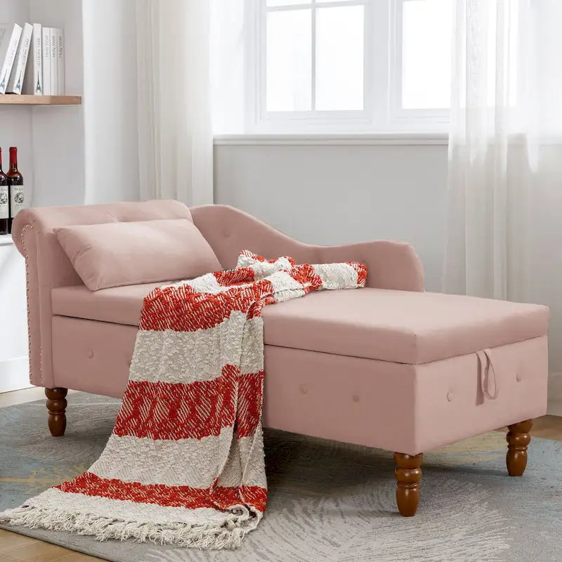 Velvet Upholstered Rolled Arm Chaise Lounge with Storage and Pillow