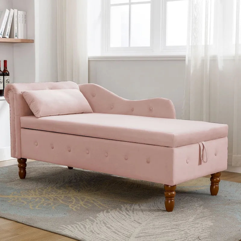 Velvet Upholstered Rolled Arm Chaise Lounge with Storage and Pillow