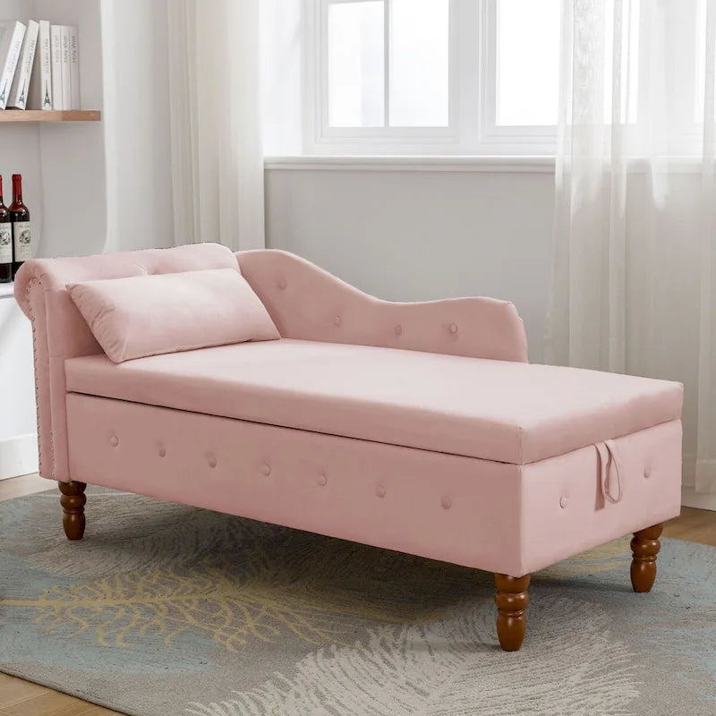 Velvet Upholstered Rolled Arm Chaise Lounge with Storage and Pillow