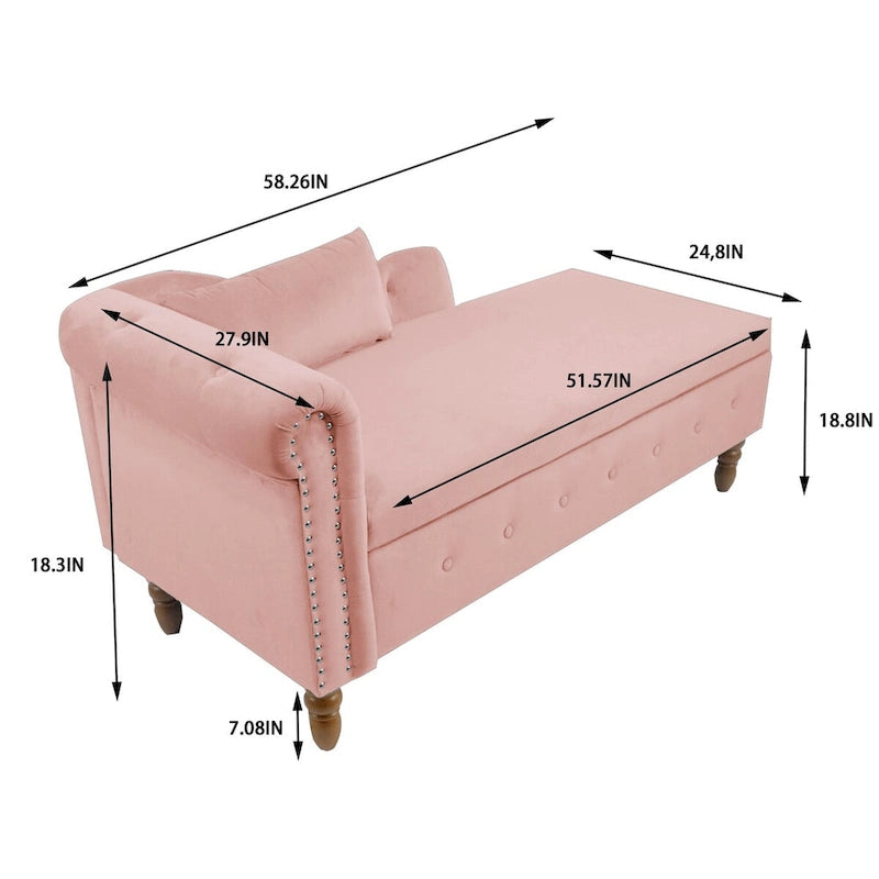 Velvet Upholstered Rolled Arm Chaise Lounge with Storage and Pillow
