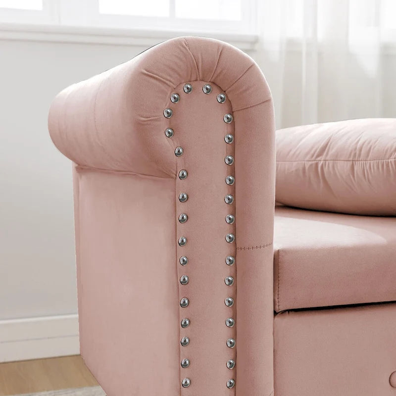 Velvet Upholstered Rolled Arm Chaise Lounge with Storage and Pillow