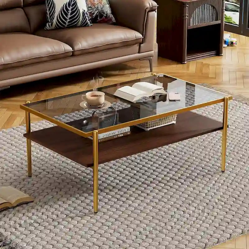 Rectangular Tempered Glass Top Coffee Table with Metal Legs and Lower Shelf, Gray