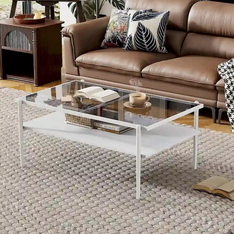 Rectangular Tempered Glass Top Coffee Table with Metal Legs and Lower Shelf, Gray