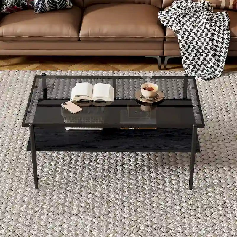 Rectangular Tempered Glass Top Coffee Table with Metal Legs and Lower Shelf, Gray