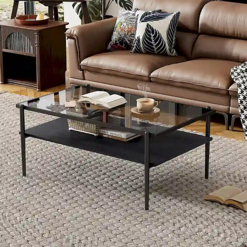 Rectangular Tempered Glass Top Coffee Table with Metal Legs and Lower Shelf, Gray