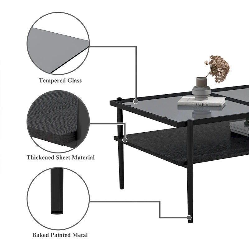 Rectangular Tempered Glass Top Coffee Table with Metal Legs and Lower Shelf, Gray