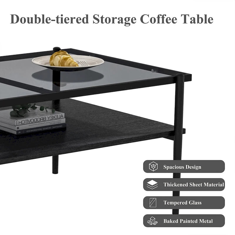 Rectangular Tempered Glass Top Coffee Table with Metal Legs and Lower Shelf, Gray