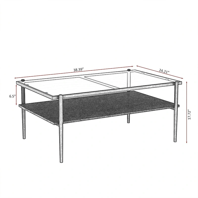 Rectangular Tempered Glass Top Coffee Table with Metal Legs and Lower Shelf, Gray