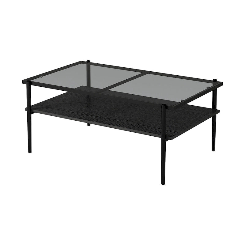 Rectangular Tempered Glass Top Coffee Table with Metal Legs and Lower Shelf, Gray