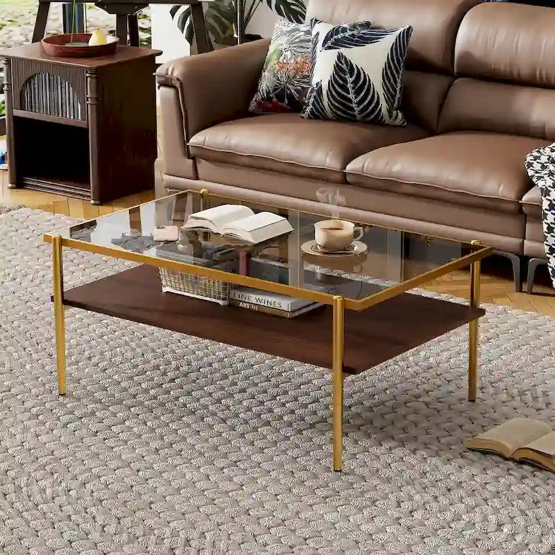 Rectangular Tempered Glass Top Coffee Table with Metal Legs and Lower Shelf, Gray