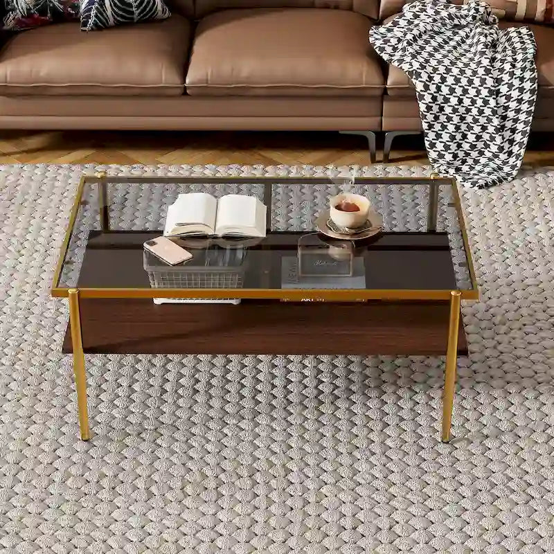 Rectangular Tempered Glass Top Coffee Table with Metal Legs and Lower Shelf, Gray