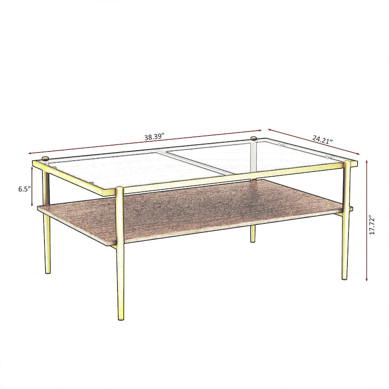 Rectangular Tempered Glass Top Coffee Table with Metal Legs and Lower Shelf, Gray