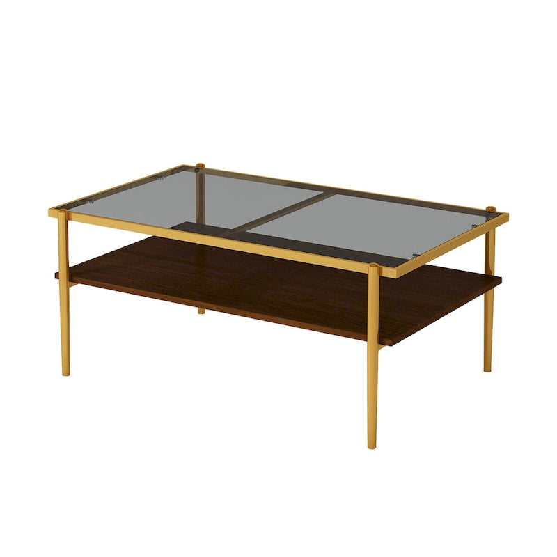 Rectangular Tempered Glass Top Coffee Table with Metal Legs and Lower Shelf, Gray
