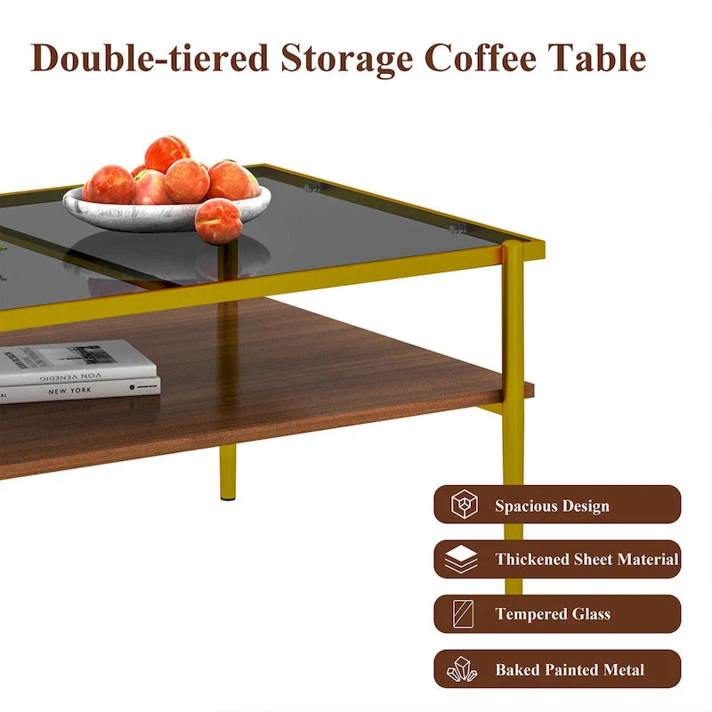 Rectangular Tempered Glass Top Coffee Table with Metal Legs and Lower Shelf, Gray