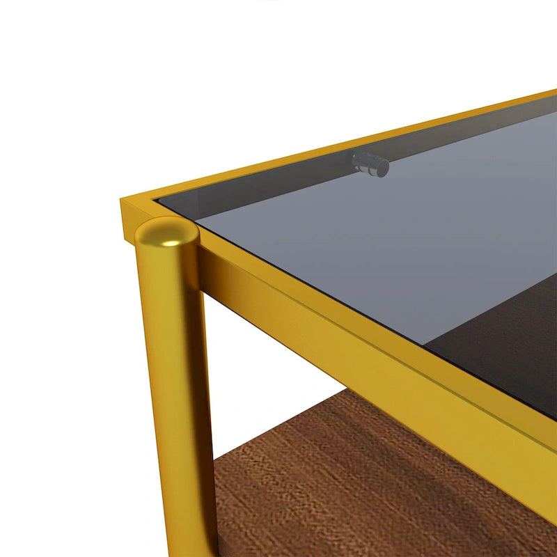 Rectangular Tempered Glass Top Coffee Table with Metal Legs and Lower Shelf, Gray