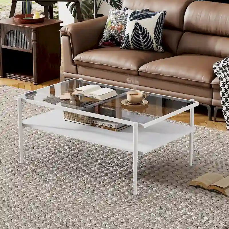 Rectangular Tempered Glass Top Coffee Table with Metal Legs and Lower Shelf, Gray