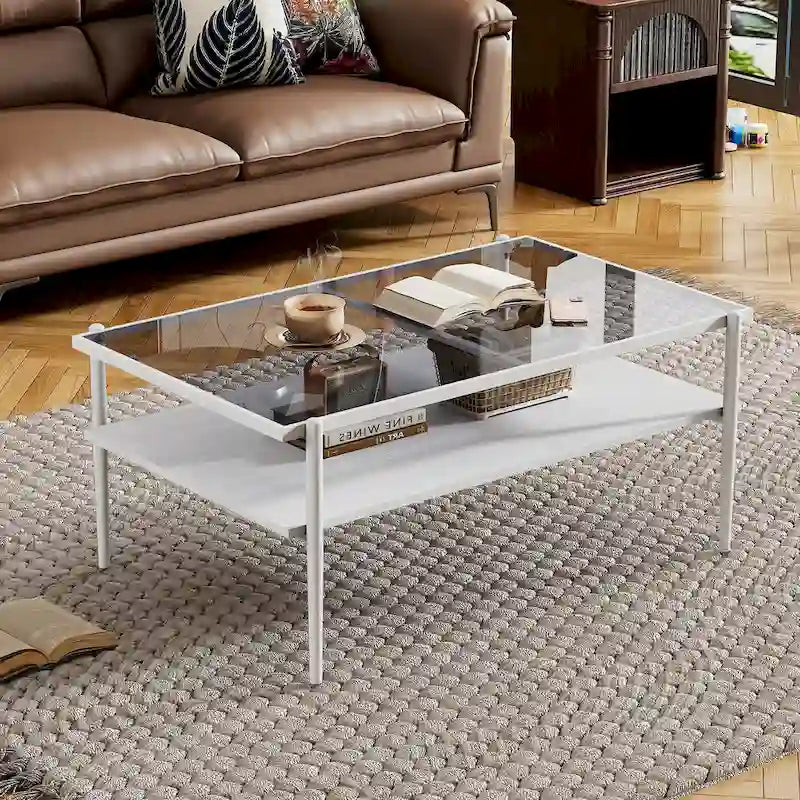 Rectangular Tempered Glass Top Coffee Table with Metal Legs and Lower Shelf, Gray