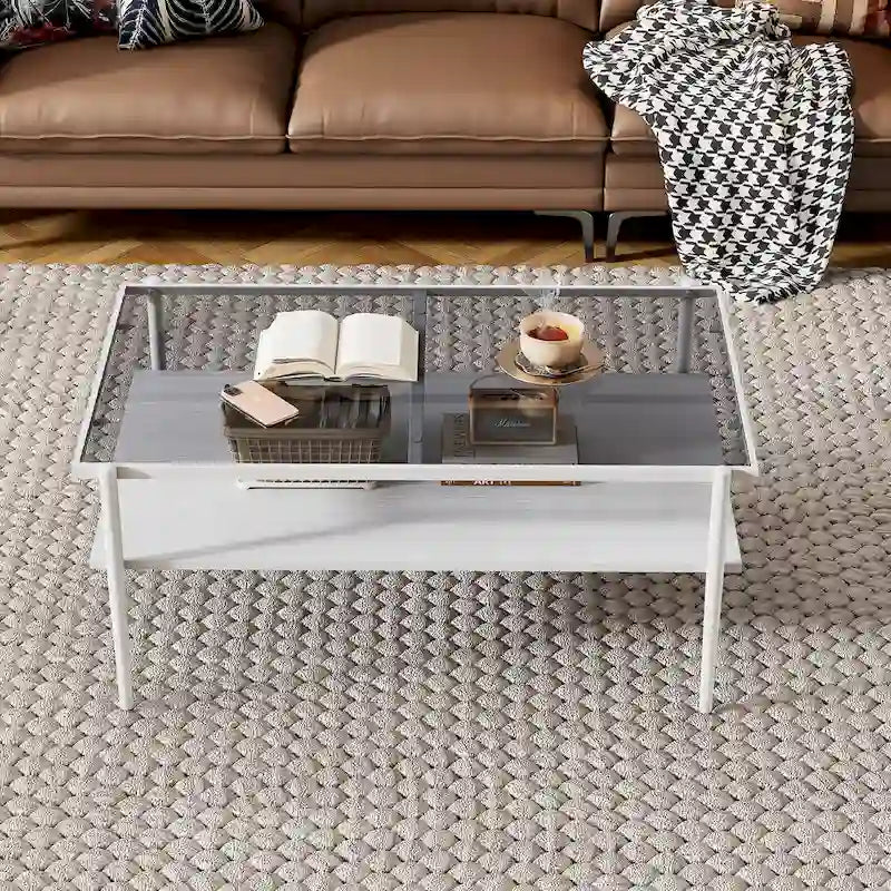 Rectangular Tempered Glass Top Coffee Table with Metal Legs and Lower Shelf, Gray