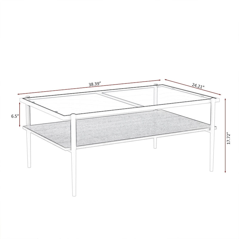 Rectangular Tempered Glass Top Coffee Table with Metal Legs and Lower Shelf, Gray