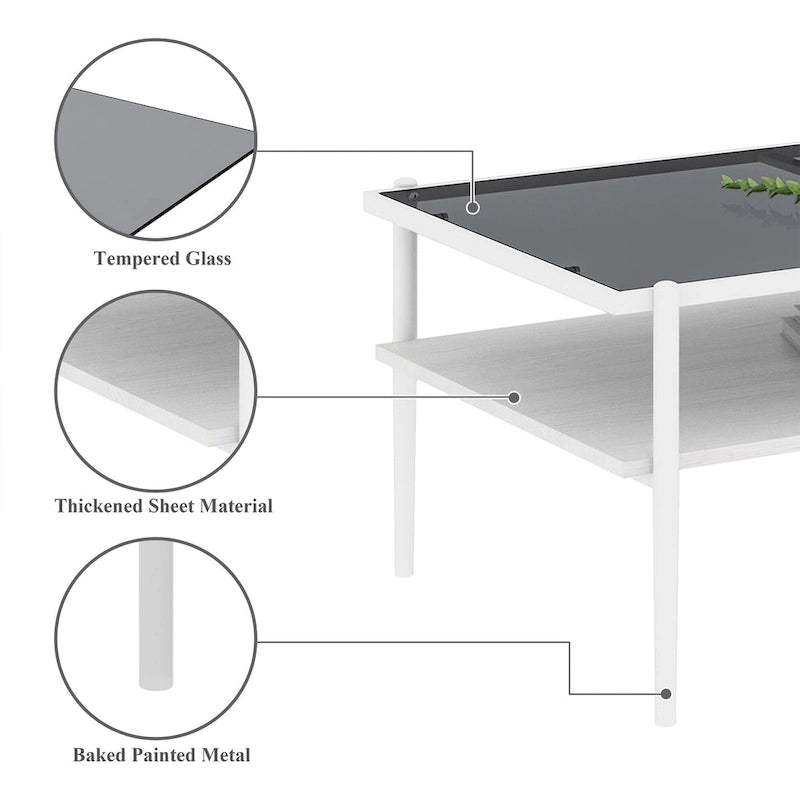 Rectangular Tempered Glass Top Coffee Table with Metal Legs and Lower Shelf, Gray