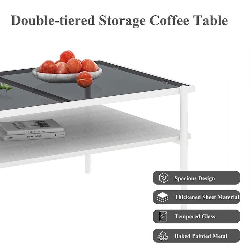Rectangular Tempered Glass Top Coffee Table with Metal Legs and Lower Shelf, Gray