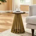Round Solid Wood Side Table Slatted Base Brown Gold Black Living Room