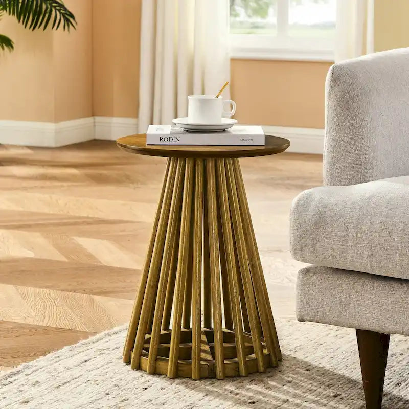 Round Solid Wood Side Table Slatted Base Brown Gold Black Living Room
