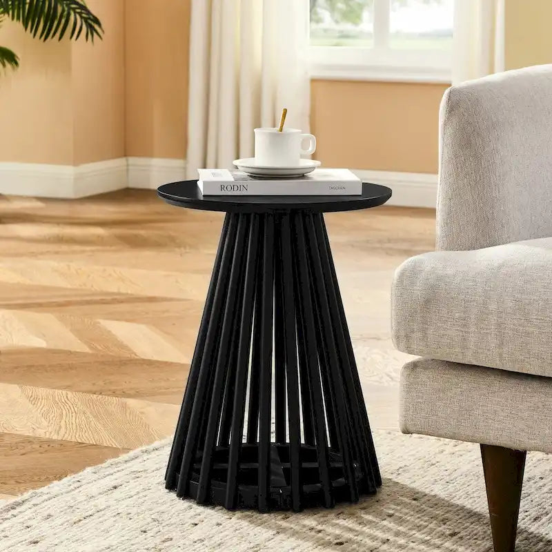 Round Solid Wood Side Table Slatted Base Brown Gold Black Living Room