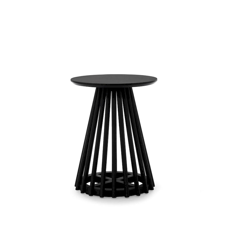 Round Solid Wood Side Table Slatted Base Brown Gold Black Living Room