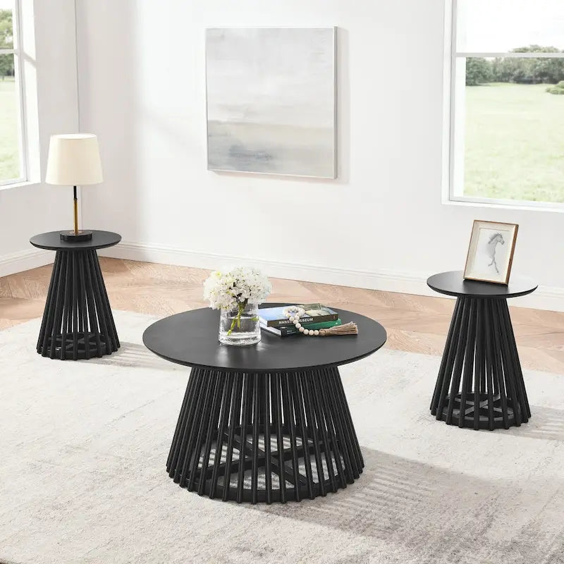 Round Solid Wood Side Table Slatted Base Brown Gold Black Living Room