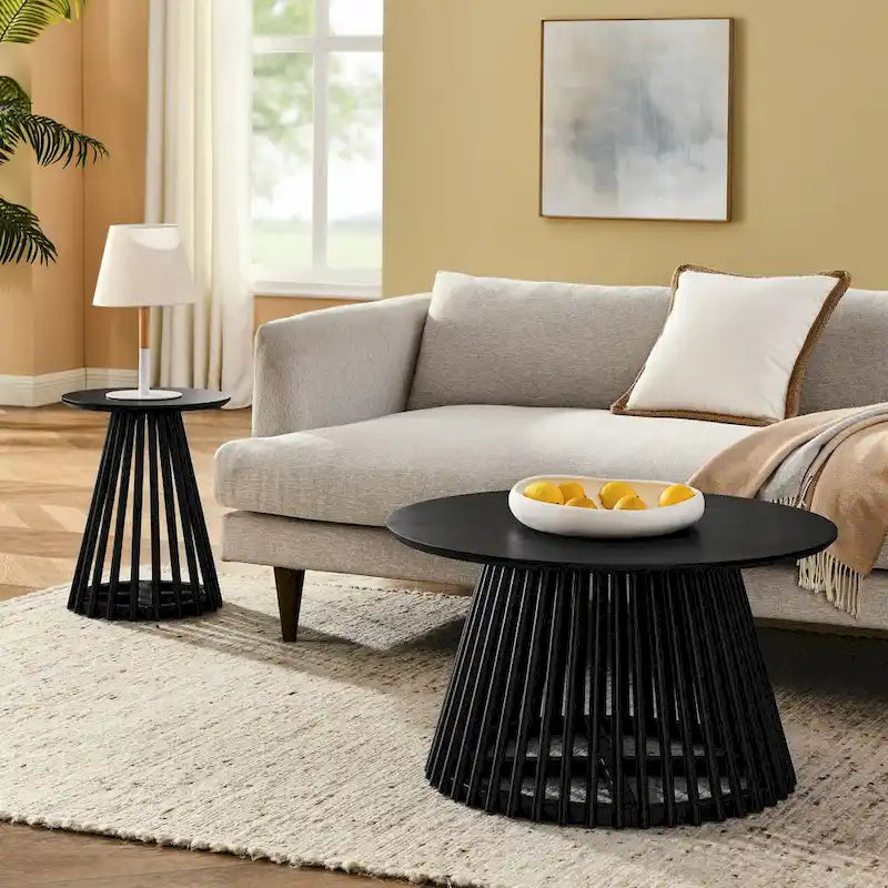 Round Solid Wood Side Table Slatted Base Brown Gold Black Living Room